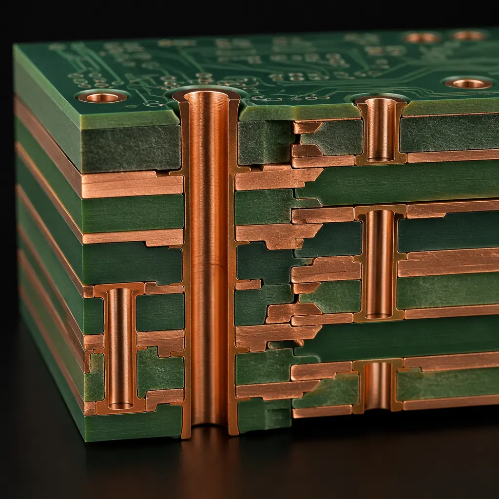 Photorealistic cross-section render of a multi-layer PCB showing alternating copper and prepreg layers with plated through-hole vias connecting different layer pairs