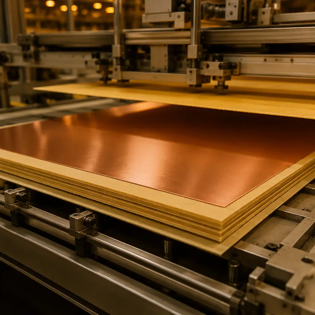 Macro photograph of a PCB lamination press with copper foil sheets being aligned between prepreg layers, industrial manufacturing environment