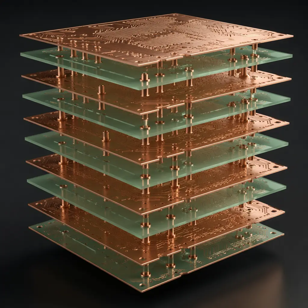 3D render of a PCB cross-section with 8 distinct copper layers visible, alternating copper and dielectric materials with microvias connecting layers