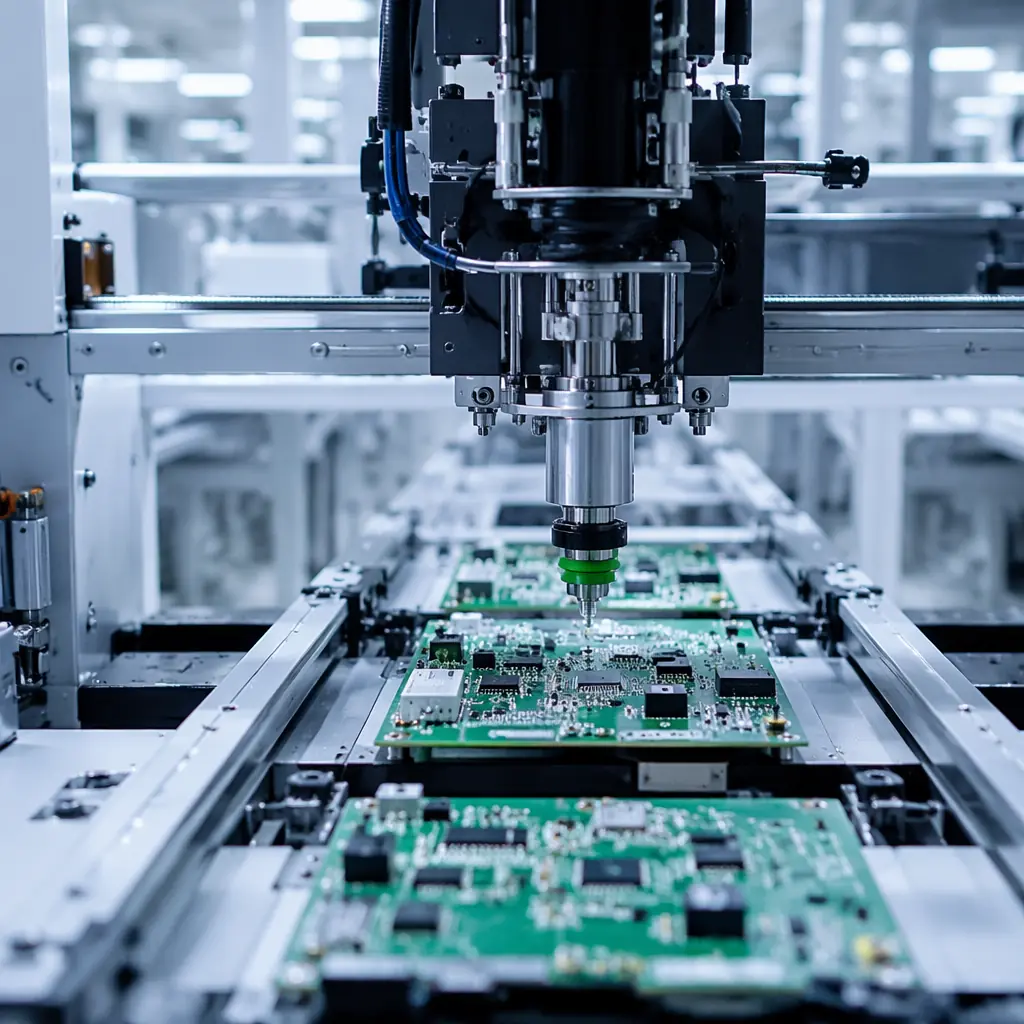 PCB factory production line with boards moving through automated SMT placement