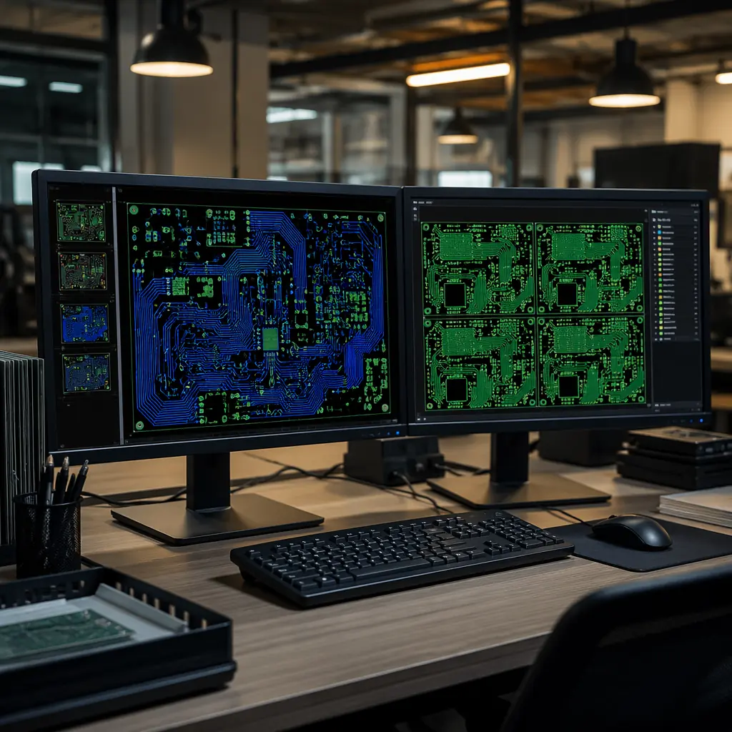 CAM engineer reviewing PCB Gerber files on dual monitors with fabrication drawing
