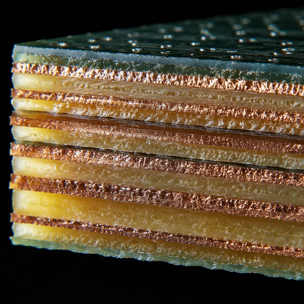 Close-up macro photo of PCB stackup cross-section showing copper layers and prepreg