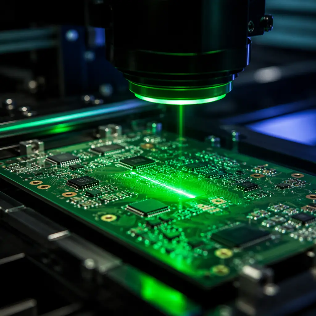 PCB boards on automated optical inspection machine with green light scanning