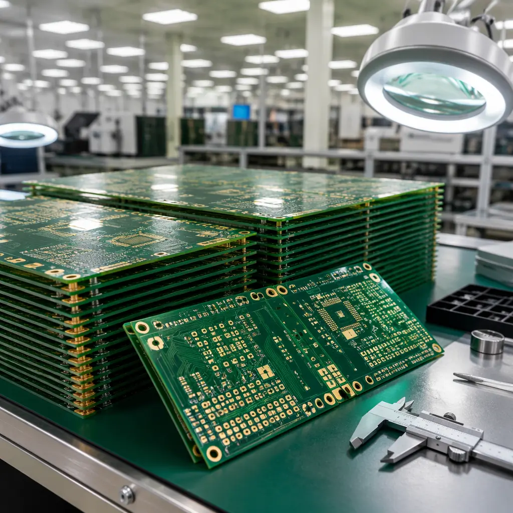 Finished PCB panels being inspected under bright factory lighting before packaging