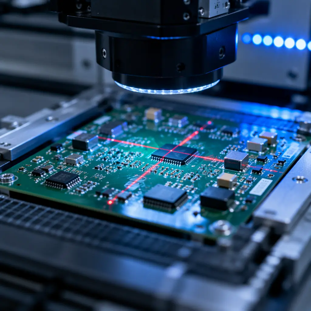 Quality inspection station for small-batch PCB assembly with AOI machine checking solder joints on a 200-unit run