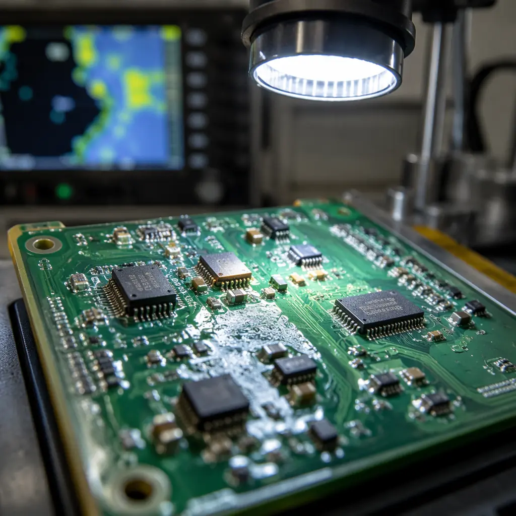 PCB with conformal coating under inspection in electronics lab with marine navigation equipment in background