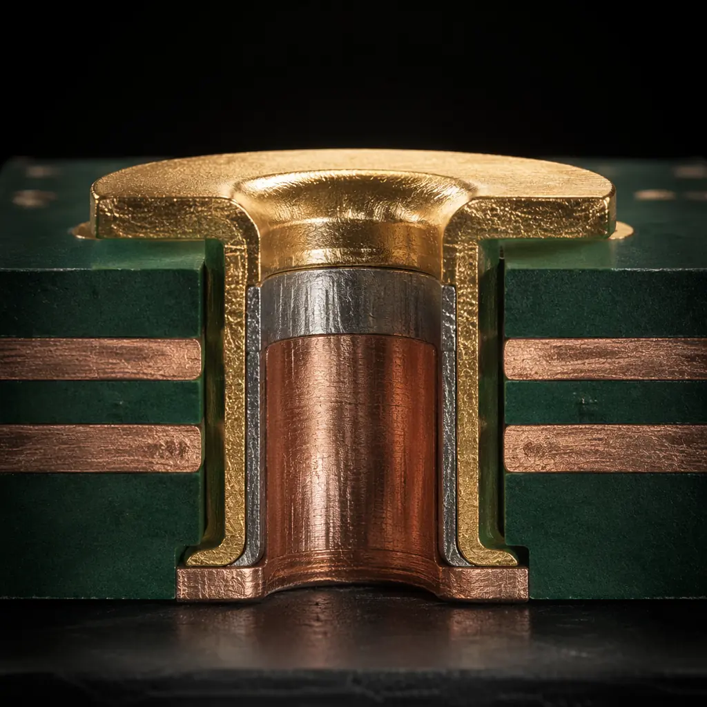 Photorealistic 3D cross-section render of PCB pad showing ENIG surface finish layers — gold, nickel barrier, copper