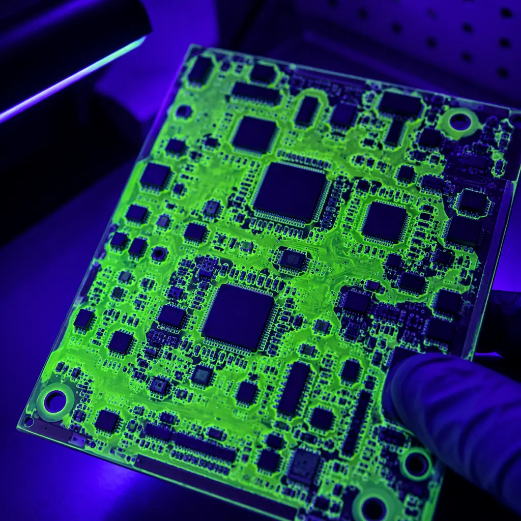 PCB being inspected under UV light showing fluorescent green conformal coating coverage