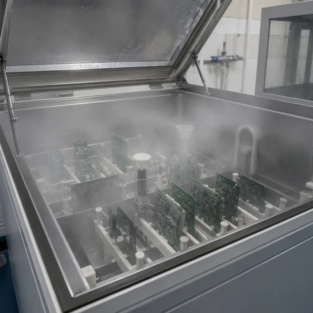 Salt spray test chamber with PCBs mounted inside, mist of salt solution visible