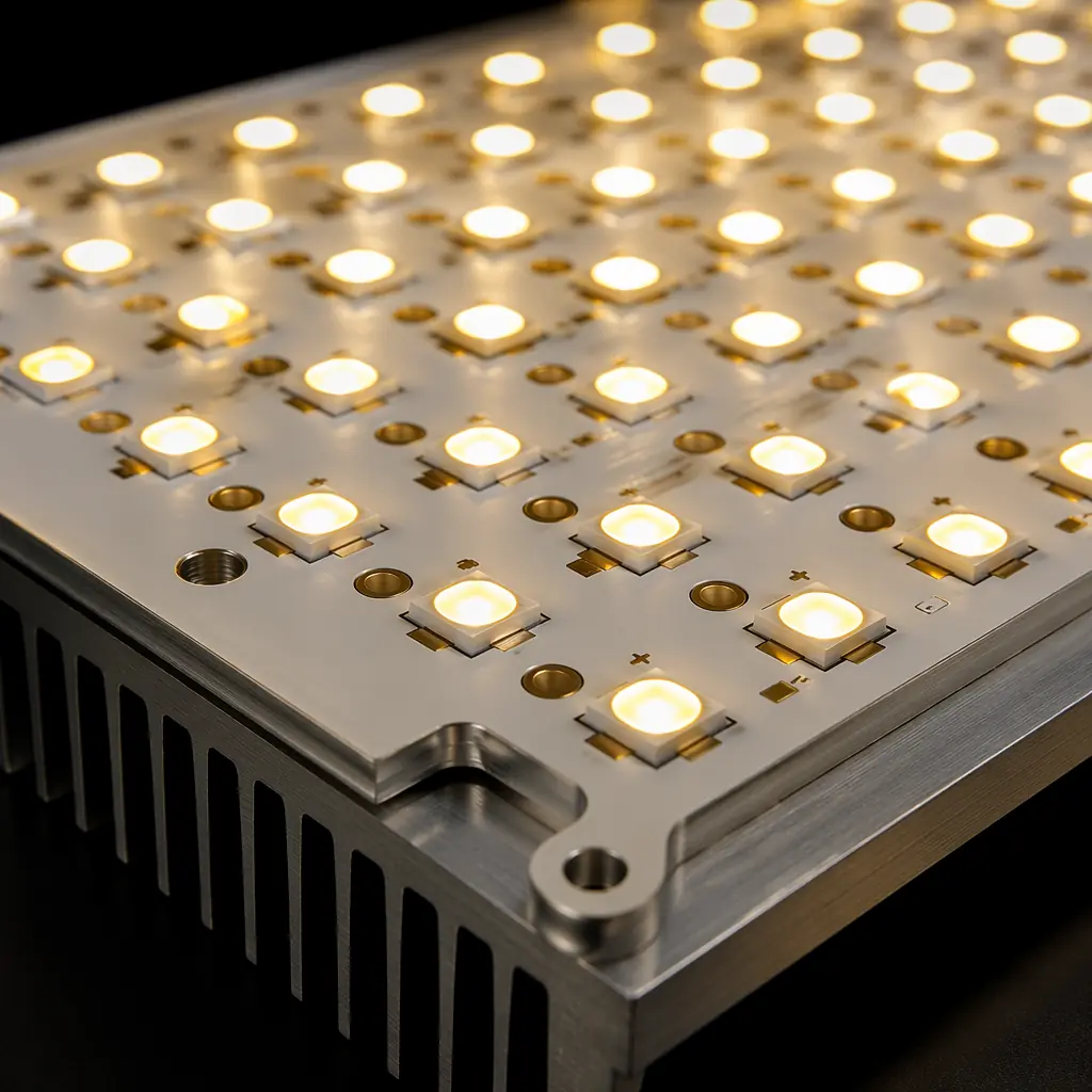 Aluminum substrate PCB with LED array mounted, showing thermal pad contact