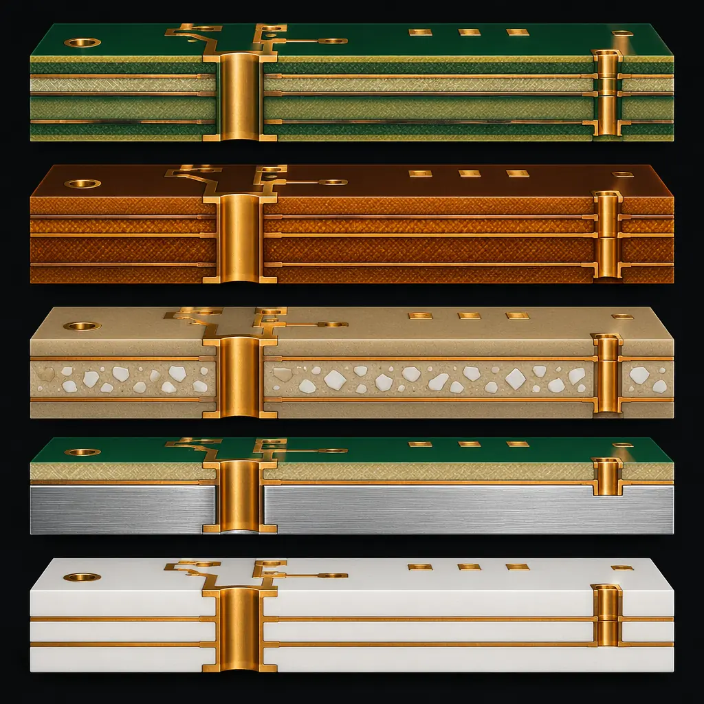 Cross-section comparison of FR-4, High-Tg, Rogers, aluminum, and ceramic PCB substrates