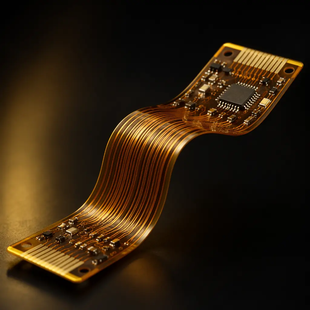 Polyimide flexible circuit showing copper traces on golden-brown substrate