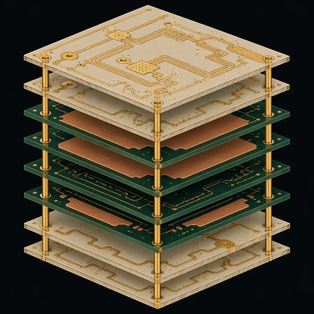 Hybrid PCB stackup diagram showing Rogers RF layers on top and bottom with FR-4 core layers