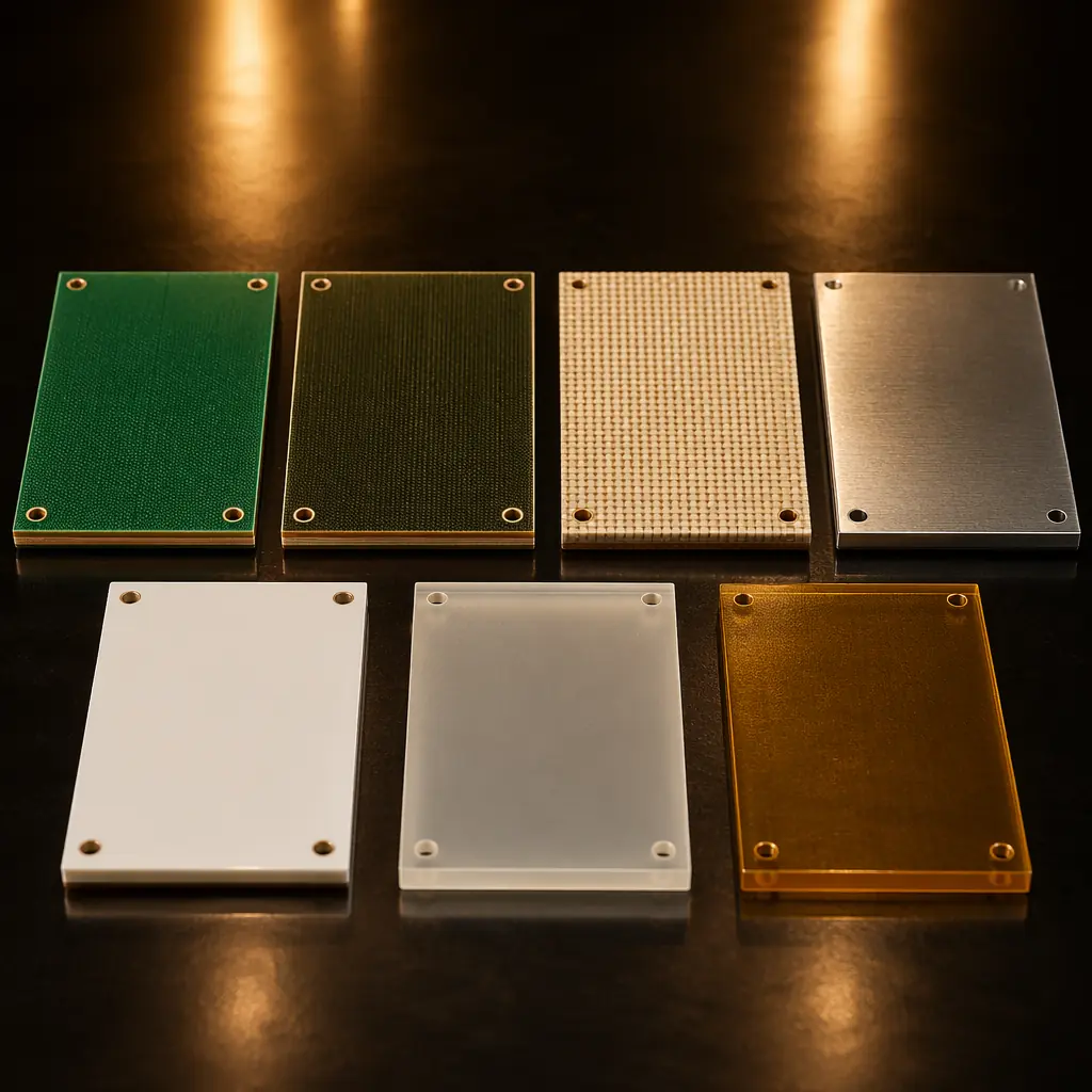 Seven PCB substrate materials compared — FR-4, High-Tg, Rogers, aluminum, ceramic, PTFE, polyimide