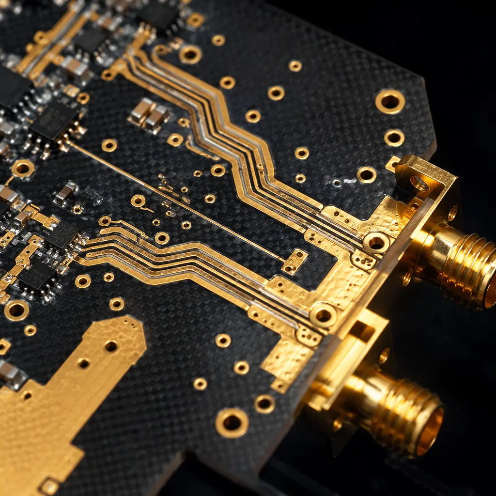 Rogers high-frequency PCB with gold-plated RF traces and impedance-controlled routing