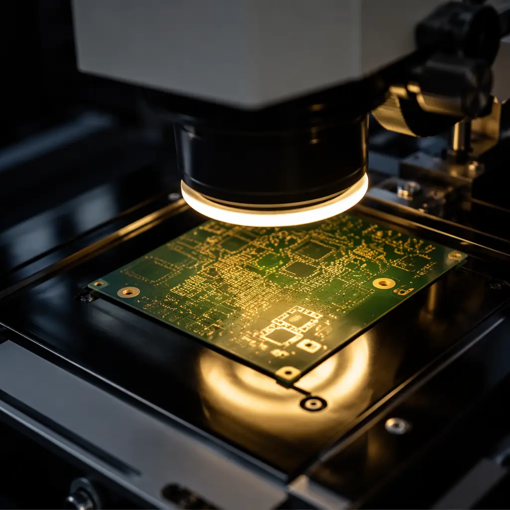 PCB inspection under bright controlled lighting in a clean manufacturing environment with precision measurement equipment