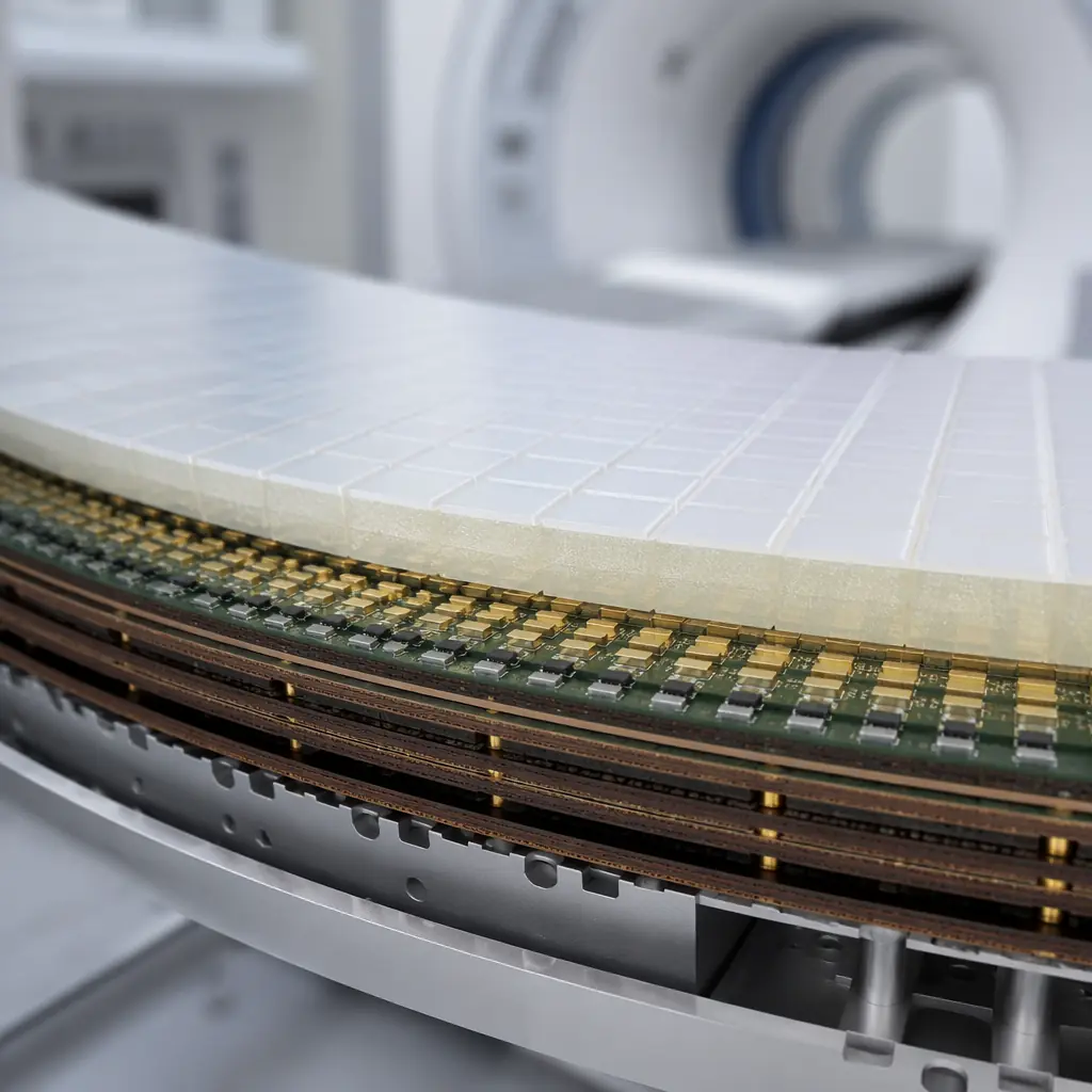 High-density medical imaging PCB with multi-channel analog front-end and gold-plated detector interface contacts under inspection