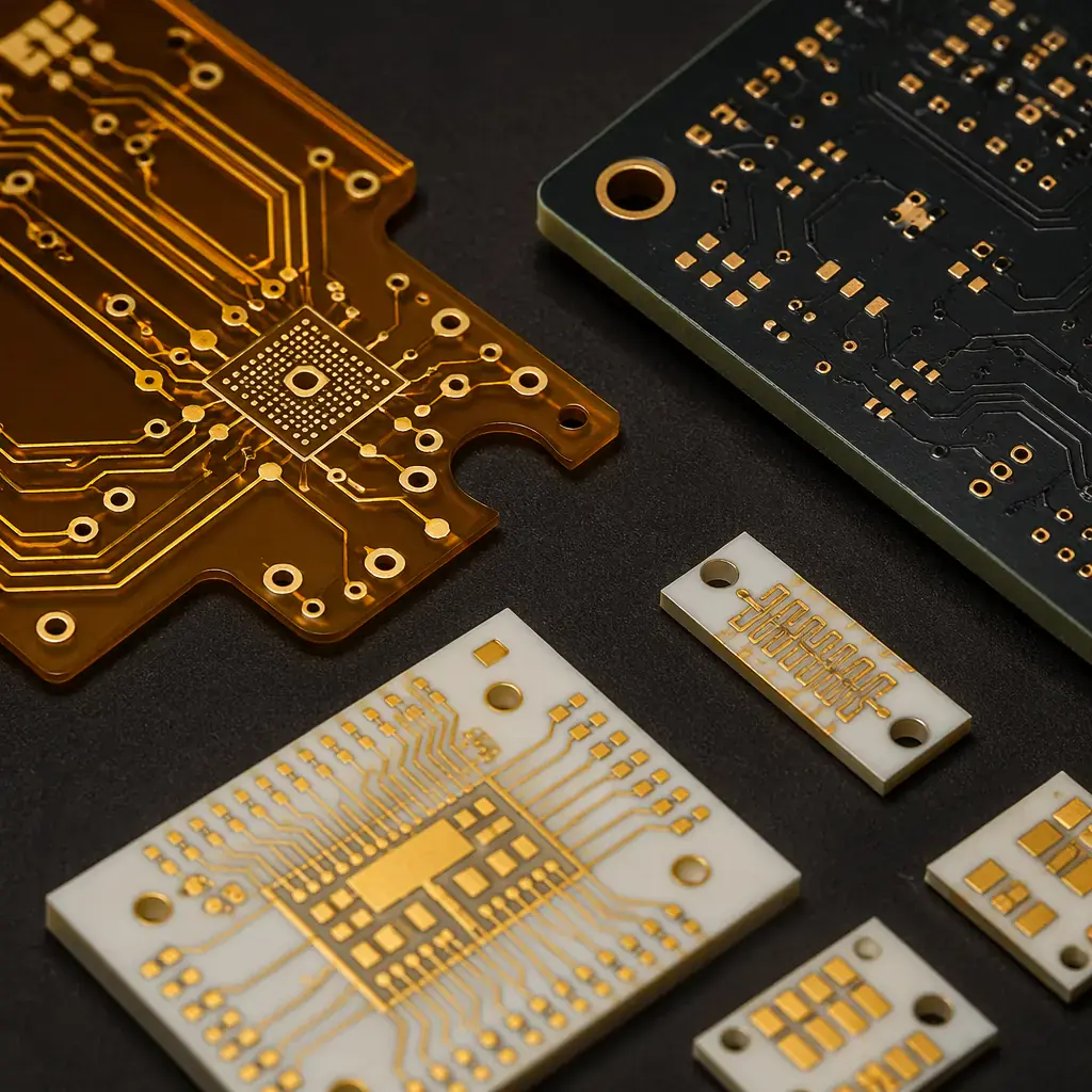 Photorealistic cross-section of medical-grade multilayer PCB showing gold surface finish and precision layer alignment