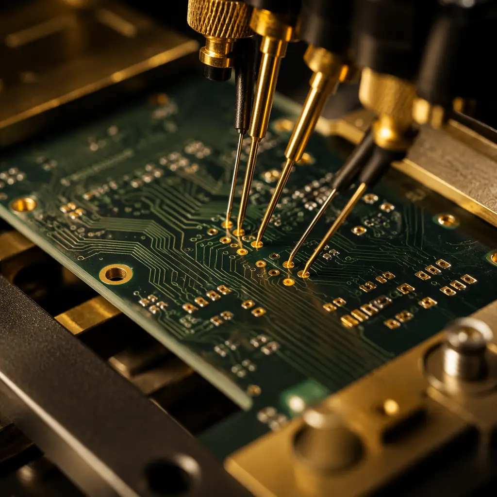 PCB undergoing precision electrical testing with probe card and automated test equipment under cleanroom lighting