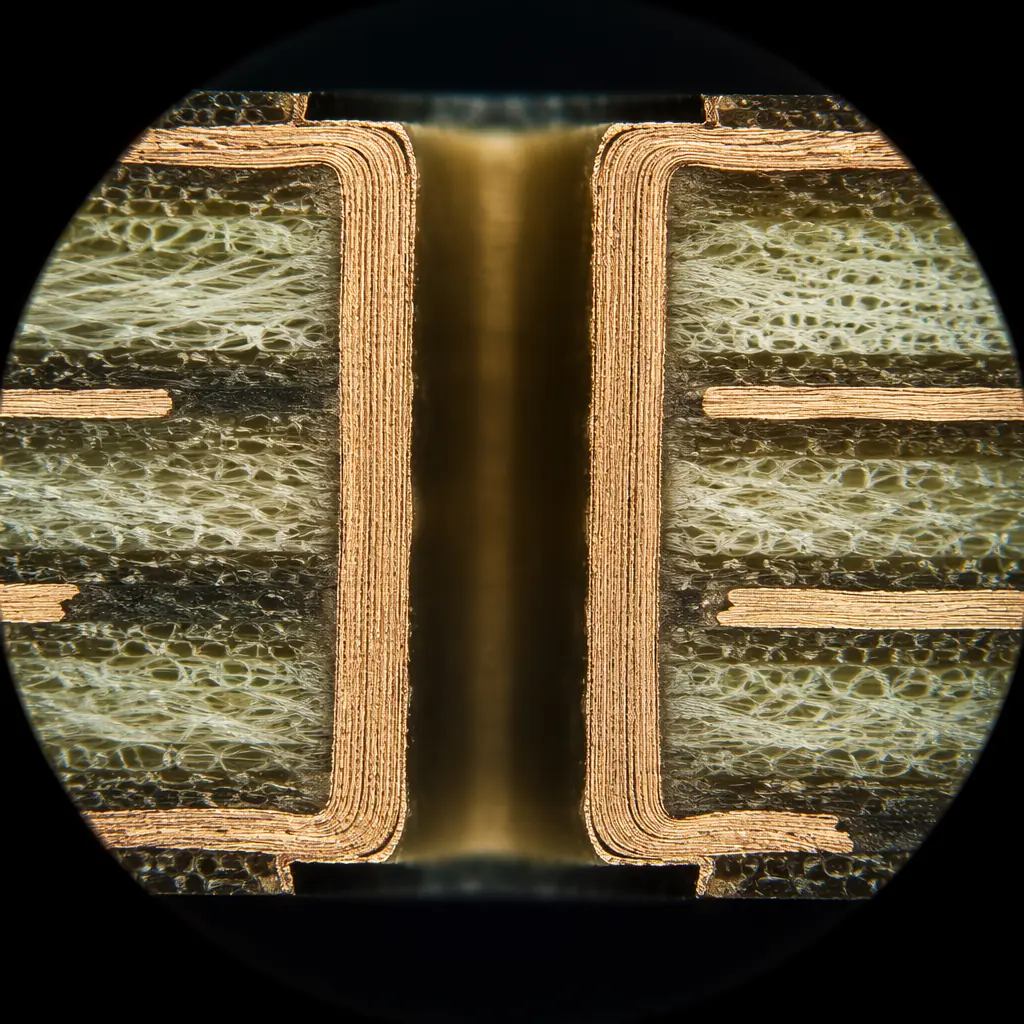 Macro photography of a polished PCB cross-section coupon under optical microscope at 200× magnification, showing copper barrel plating of plated through-hole in epoxy mount with golden ring visible