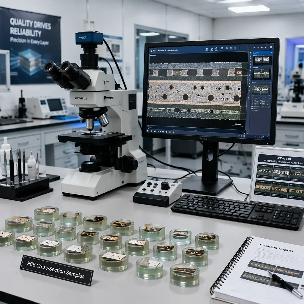 Modern PCB quality control laboratory with metallographic microscope workstation, polished cross-section samples mounted in epoxy on workbench, clean white lighting, controlled environment