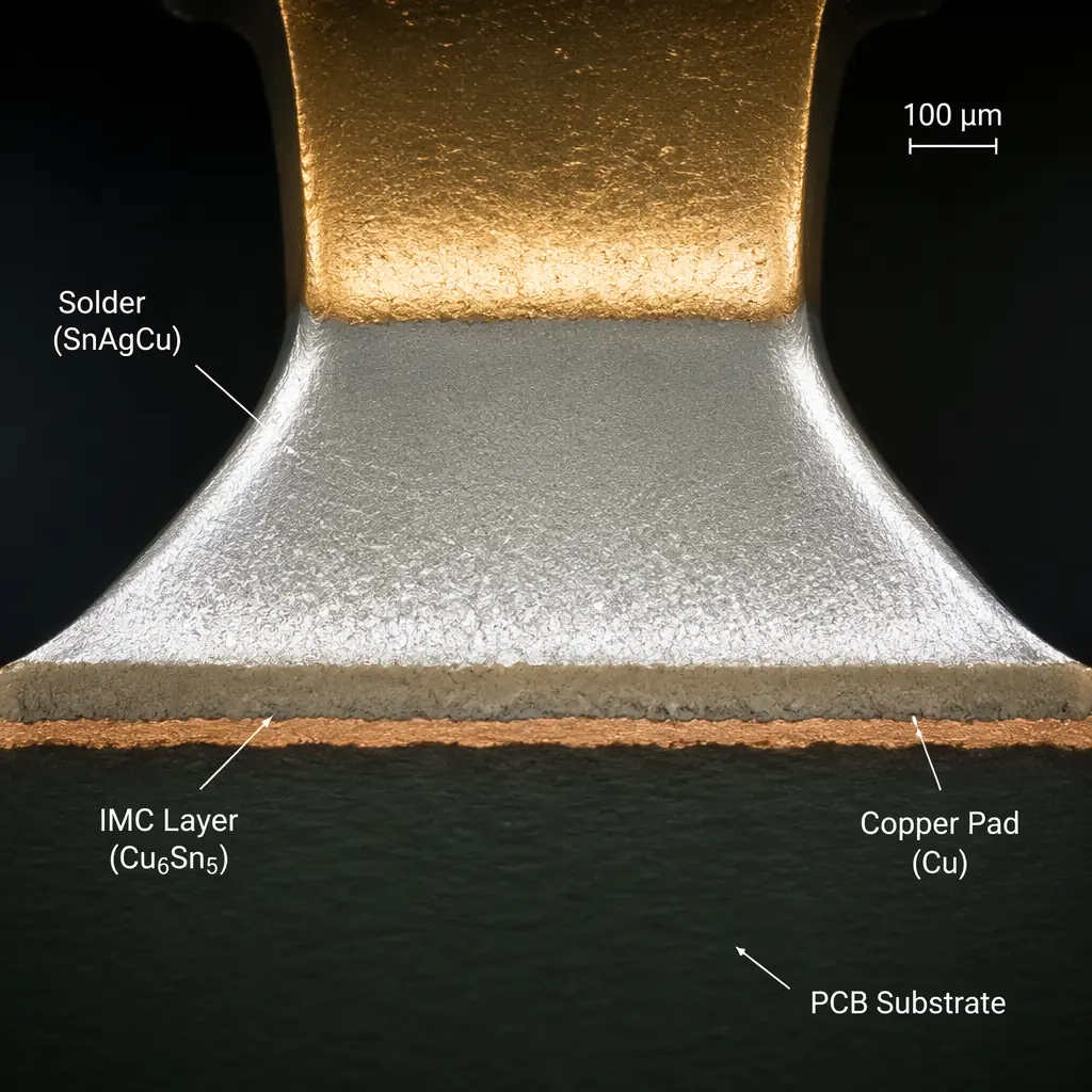 Photorealistic 3D render of a BGA solder joint cross-section showing clean intermetallic compound layer between copper pad and SAC305 solder, with visible copper barrel and nickel barrier layers