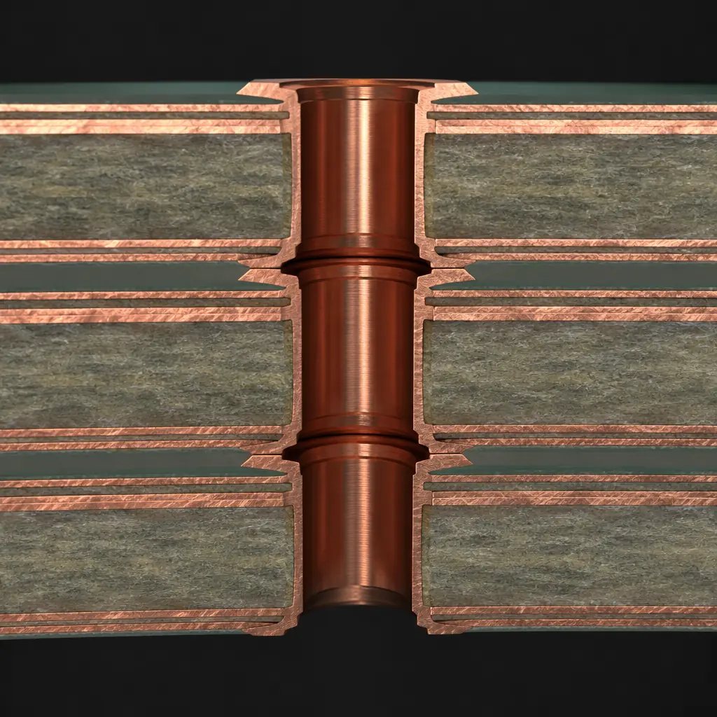 Photorealistic 3D cross-section render of stacked microvia structure in HDI PCB showing copper plating layers
