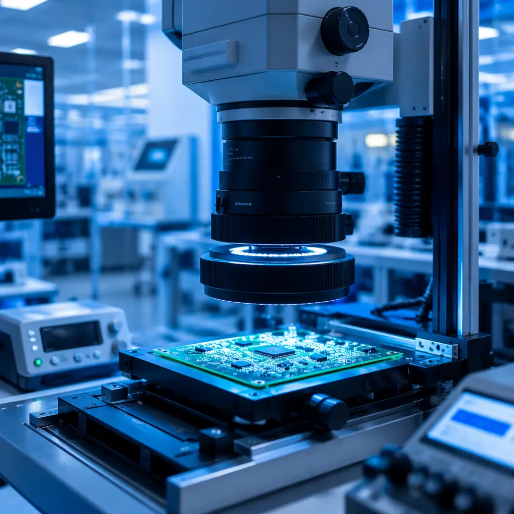 PCB quality inspection station with high-power microscope focused on PCB sample in clean electronics manufacturing setting