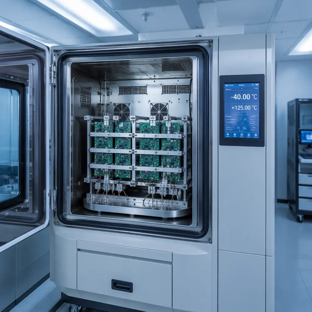 IST interconnect stress testing chamber with PCB test coupons mounted in industrial testing laboratory
