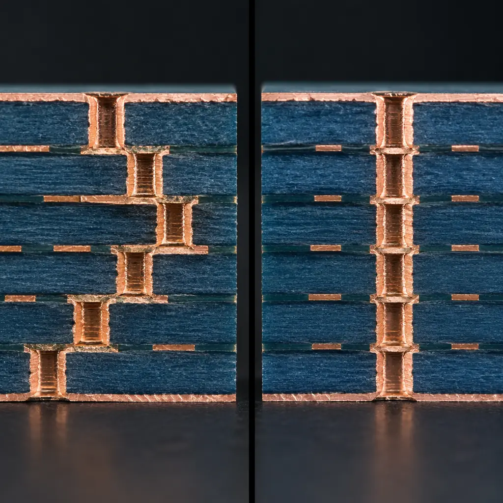 Split comparison macro photograph showing staggered vs stacked microvia patterns on PCB cross-section substrate