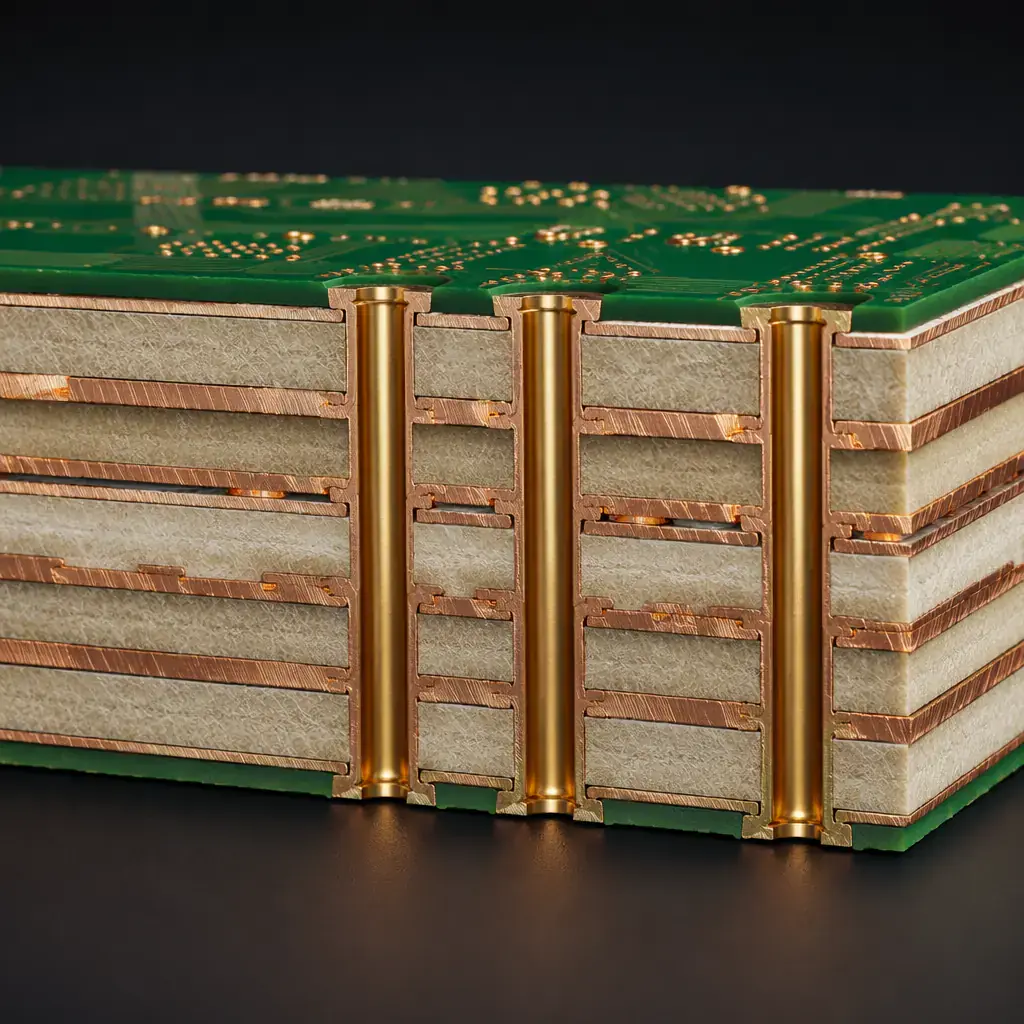 3D cross-section render of a 6-layer mixed-signal PCB showing dedicated analog layer, digital layer, and continuous ground plane isolation
