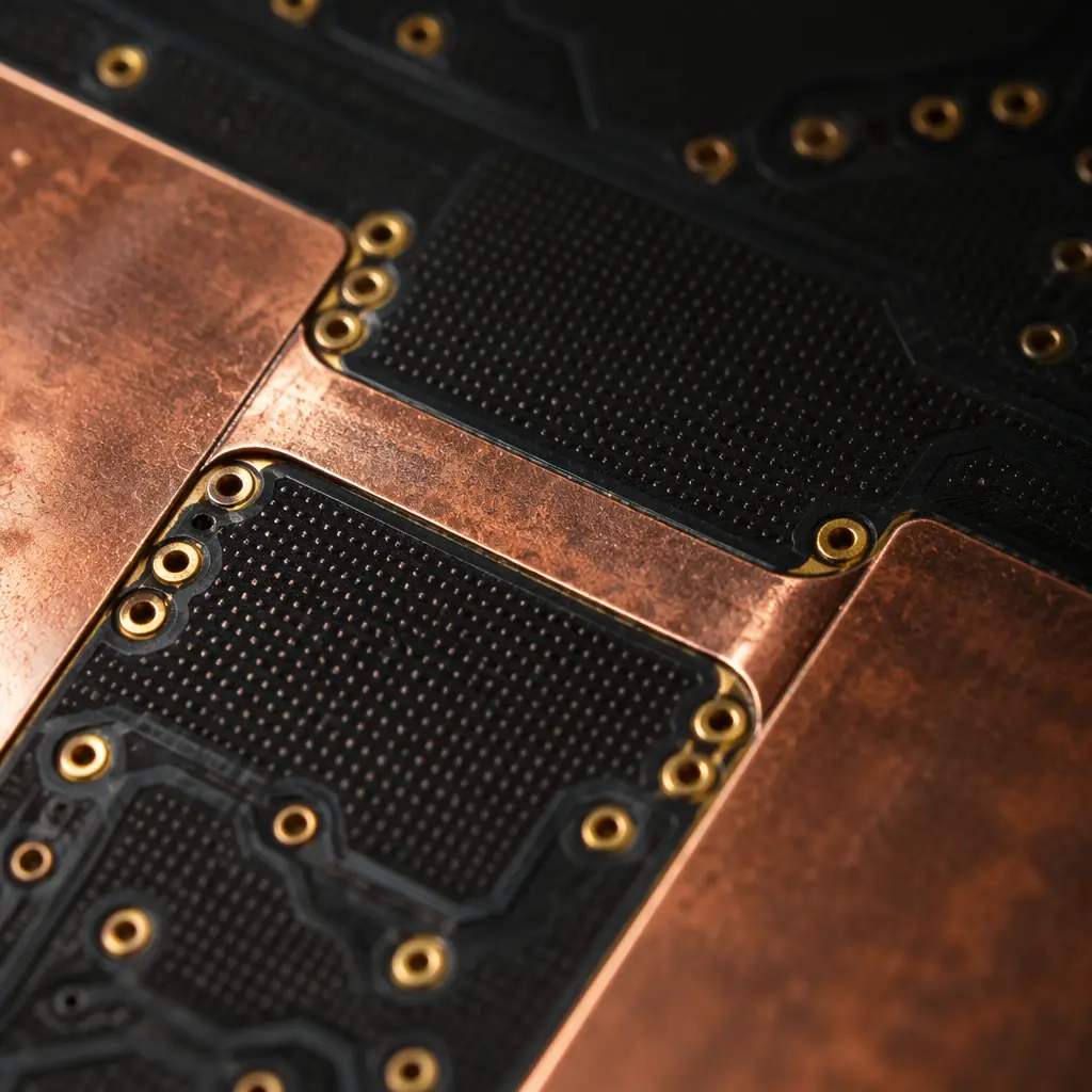 Cross-section of a 6-layer mixed-signal PCB showing analog ground plane, digital ground plane, and bridge connection at the ADC location with via stitching