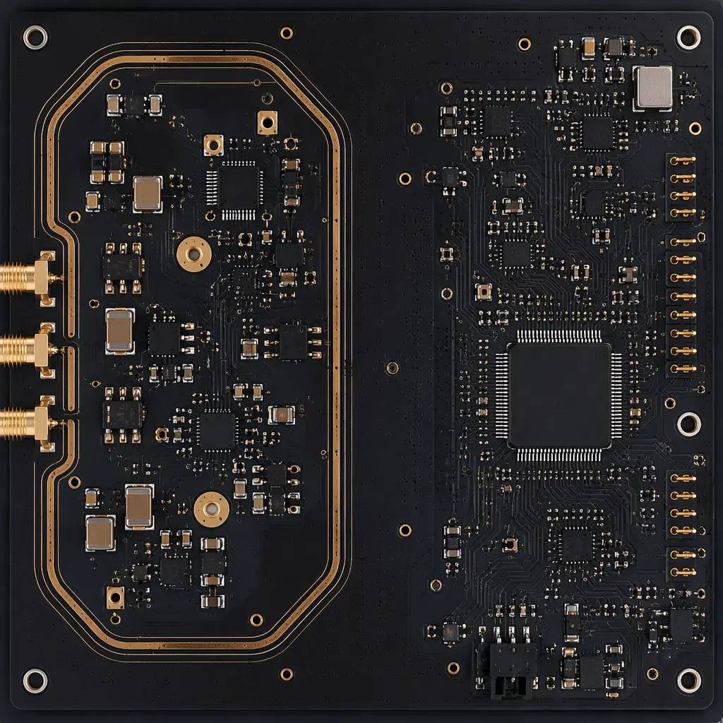 Mixed-signal PCB with physical analog-digital partitioning showing guard ring and separate ground regions on a 6-layer board