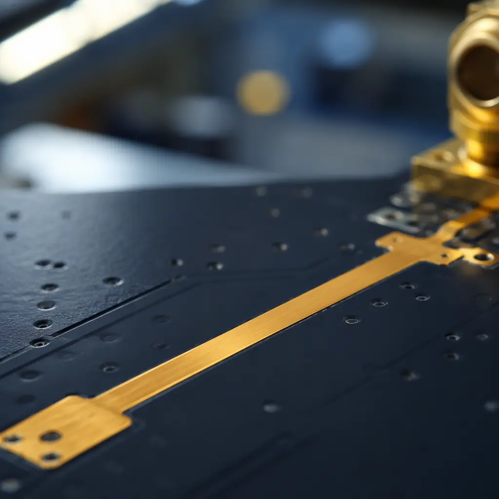 Close-up macro photograph of a 5G mmWave antenna array PCB with gold-plated patch elements on dark Rogers laminate substrate
