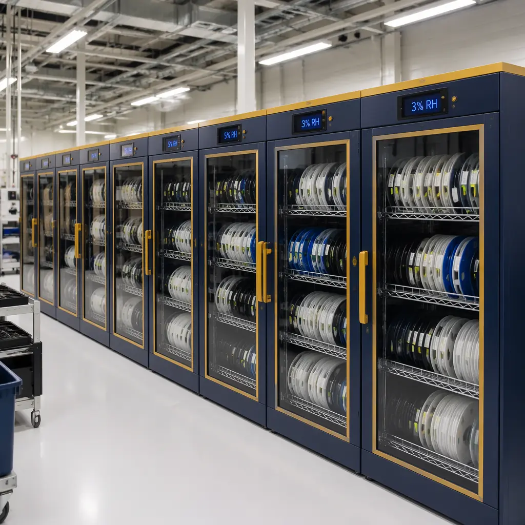 Industrial dry cabinet with multiple shelves of component reels, digital RH display showing 3% humidity — electronic component MSL storage