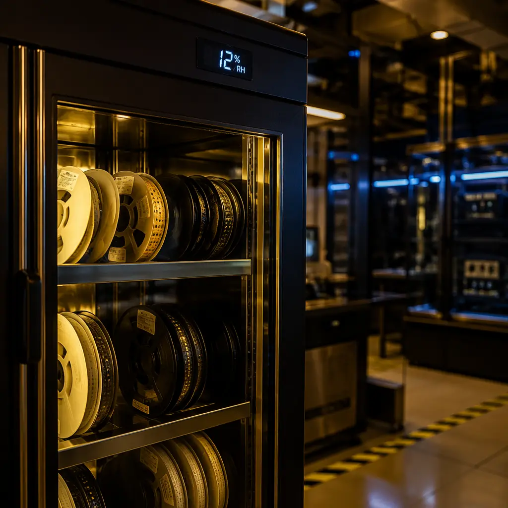 Electronic components stored in dry cabinet with humidity indicator, moisture-barrier bags on shelf — PCB MSL storage environment