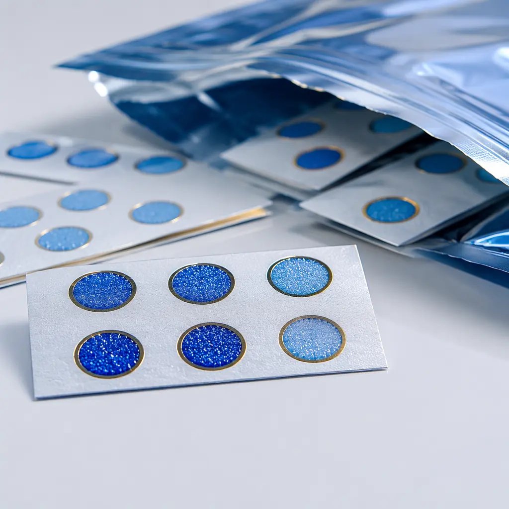 Humidity indicator card showing blue (dry) and pink (humid) indicator spots at 10%, 20%, 30% and 40% RH levels — JEDEC standard HIC reading for MSL verification