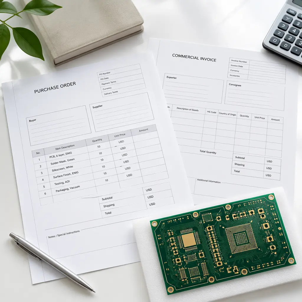 Professional business setting — a polished conference table with PCB samples, a quotation document, and a calculator, warm corporate lighting, clean modern aesthetic