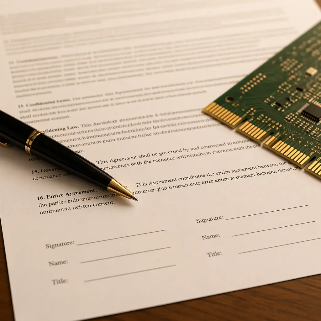 Close-up of international trade documents — a purchase order, commercial invoice with line items, and a PCB sample, arranged on a clean desk surface under warm office lighting