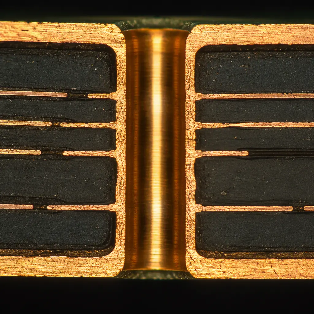 Microscope view of backdrilled via stubs on a high-speed network switch PCB showing clean barrel removal