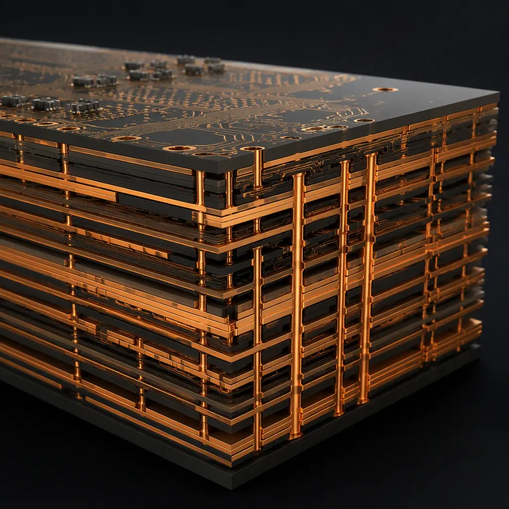 Cross-section of a 32-layer network switch PCB showing sequential lamination layers and low-loss laminate core