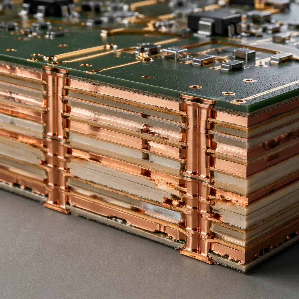 Cross-section of a heavy copper PCB showing thick 6oz copper layers and high-Tg substrate material