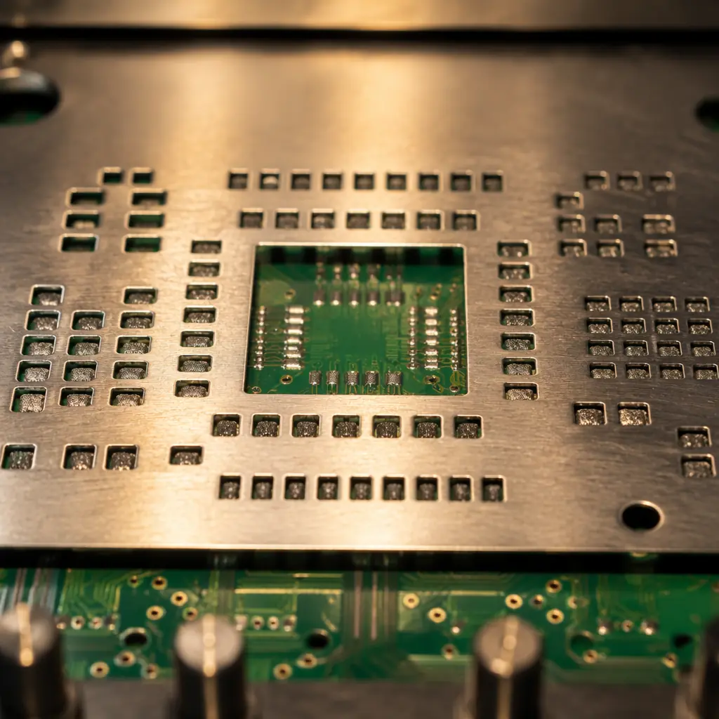 Close-up macro photograph of a laser-cut stainless steel SMT stencil with precision apertures aligned over a green PCB, industrial manufacturing detail on factory workbench