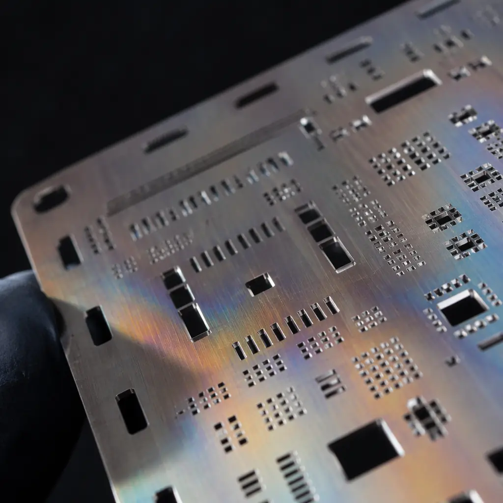 Macro detail of a stainless steel SMT stencil with precision laser-cut apertures, backlit to show the fine pattern of rectangular and circular openings, industrial manufacturing tool