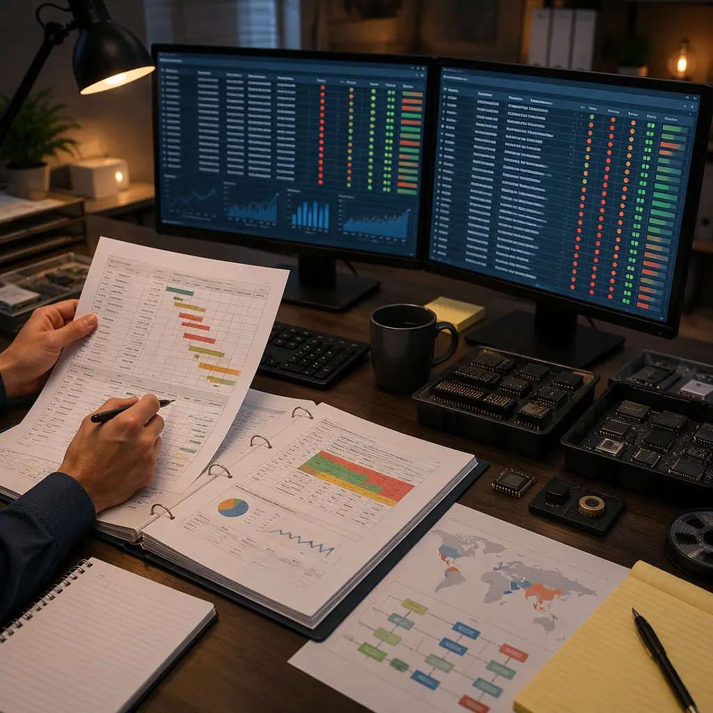 Procurement manager reviewing component lifecycle data on dual monitors, supply chain risk dashboard showing BOM health scores