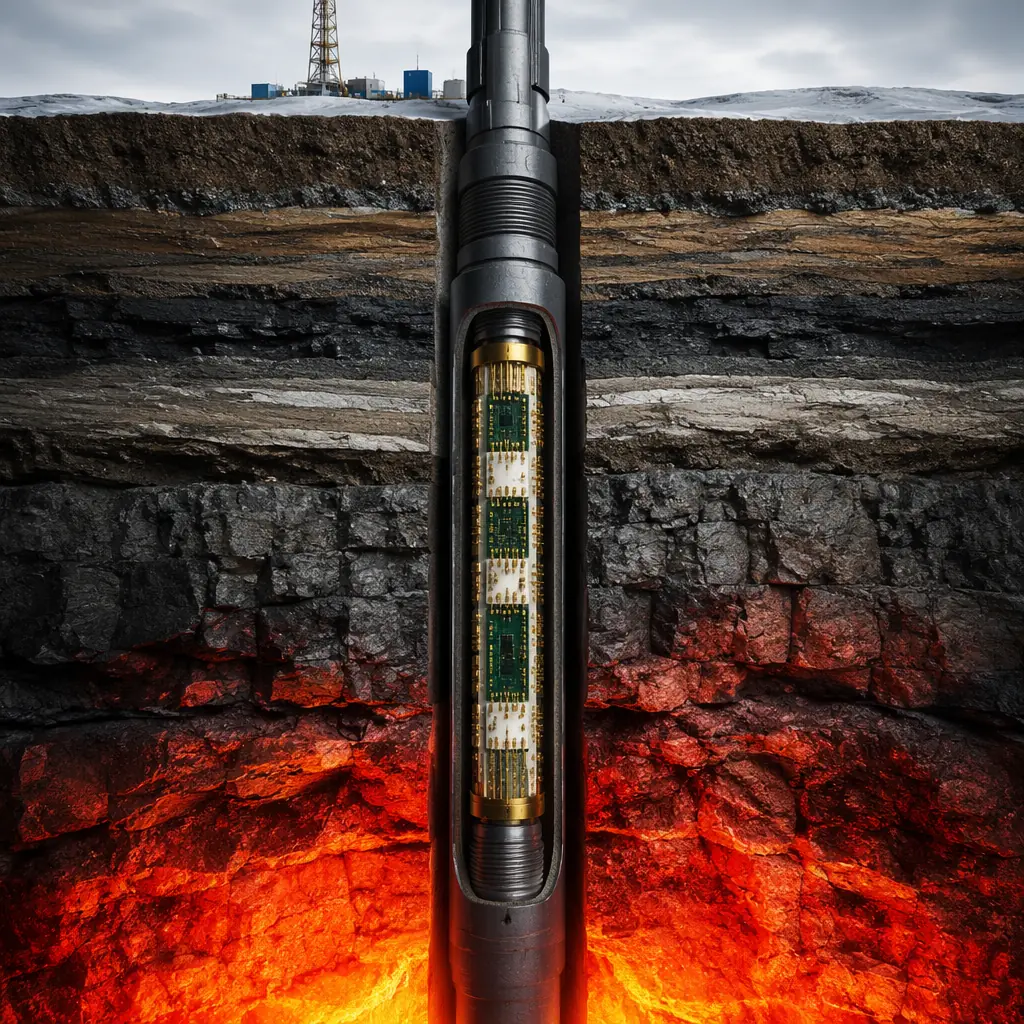 Downhole drilling environment cross-section showing MWD tool electronics placement in drill collar with high-temperature, high-pressure zone indicators