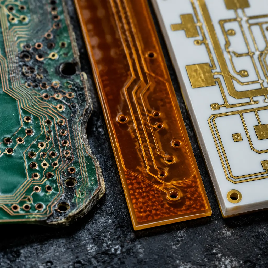 Cross-sectional comparison of polyimide, ceramic, and PTFE PCB substrate materials showing layer structures and thermal performance characteristics