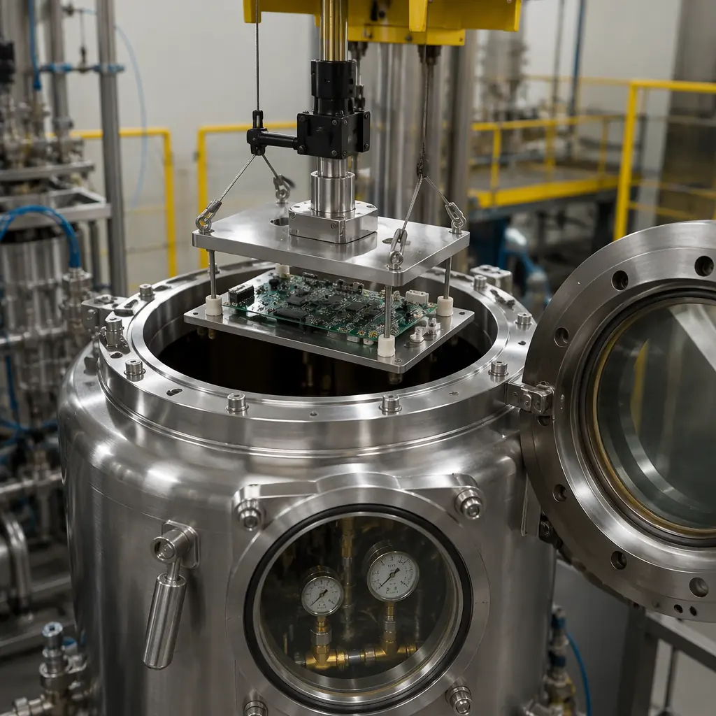 Parylene C conformal coating application on downhole PCB assembly with holiday detection probe verifying coating continuity for H2S protection