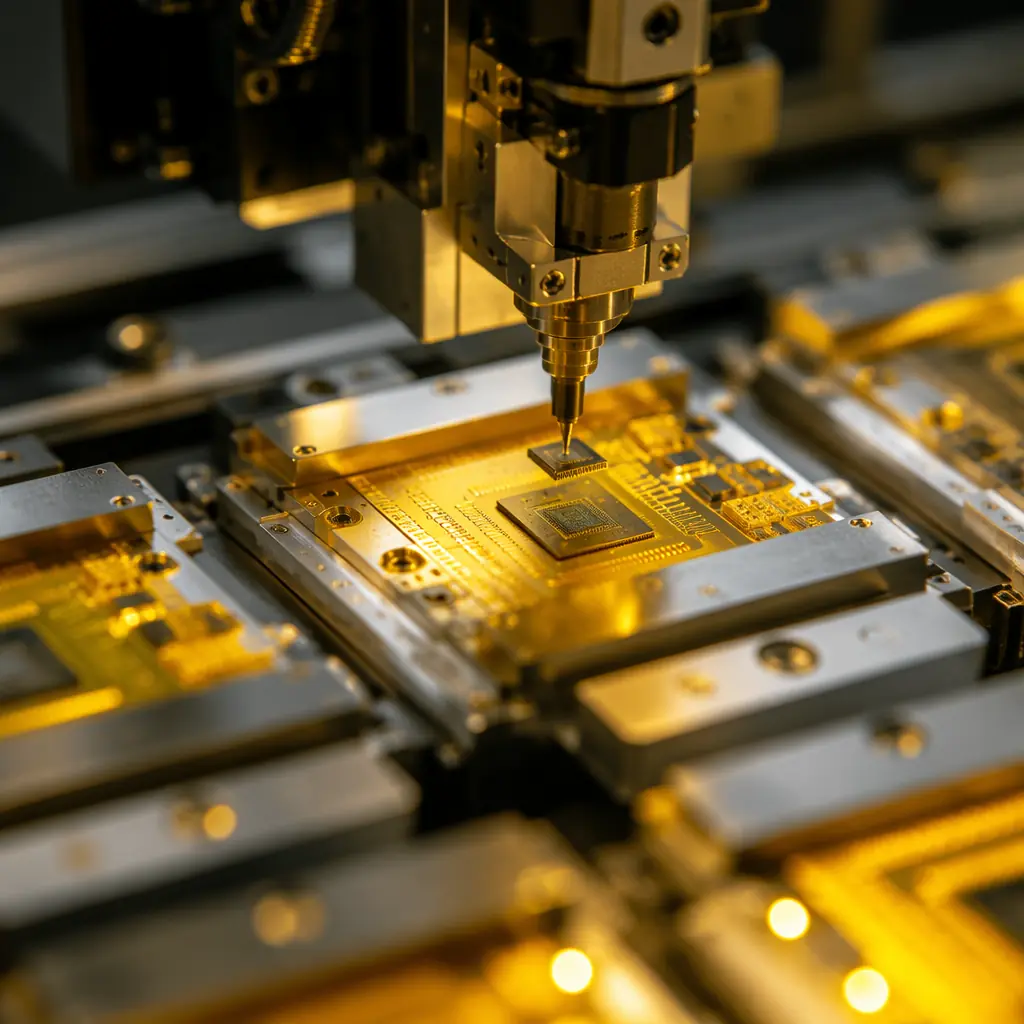 Close-up of fine-pitch BGA DSP chip placement on optical module PCB substrate with underfill dispensing and inspection