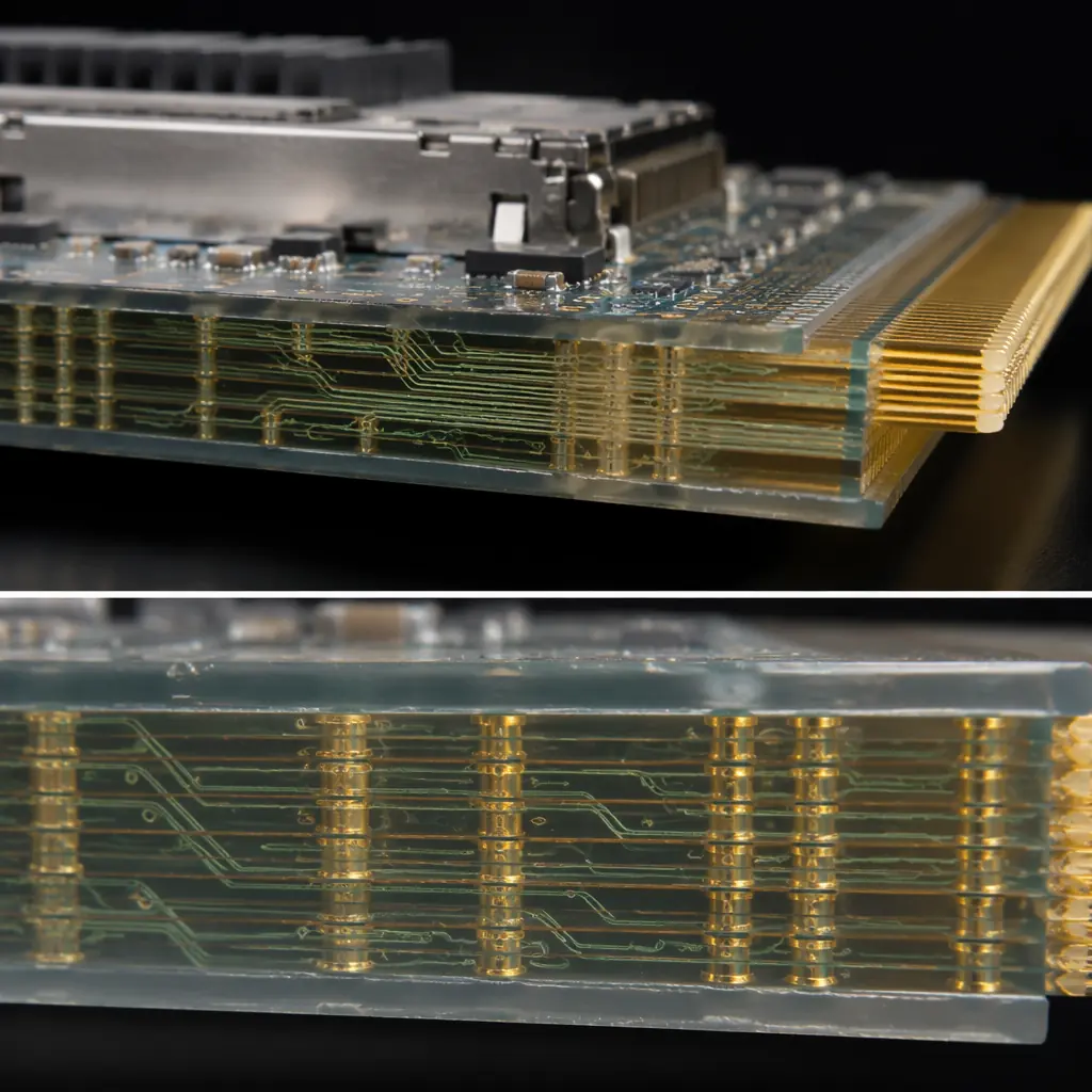 Cutaway view of an OSFP optical transceiver module showing internal PCB substrate with DSP chip, optical engine, and high-speed connector interface